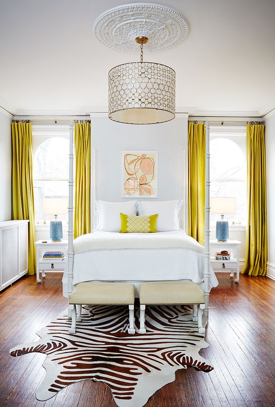 Accentuate your bedroom with sunny yellow velvet curtains and a pillow   not expensive and cool