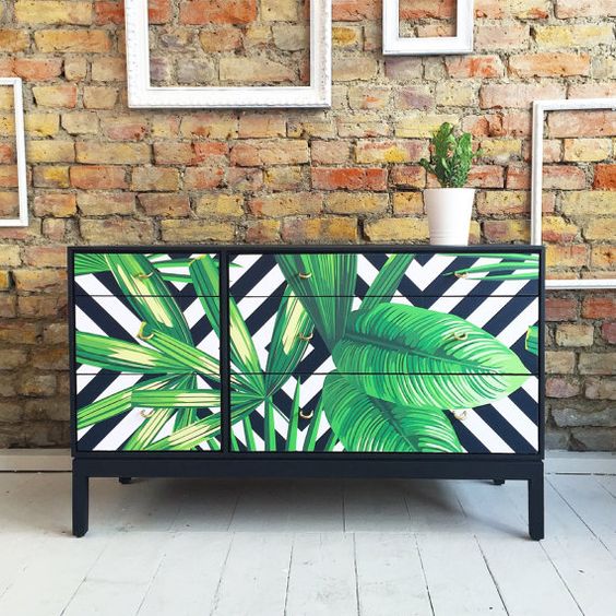 upcycled vintage retro chest of drawers with tropical palms decoupage
