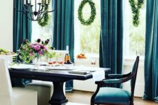 31 teal velvet curtains and chairs make this dining room refined and gorgeous