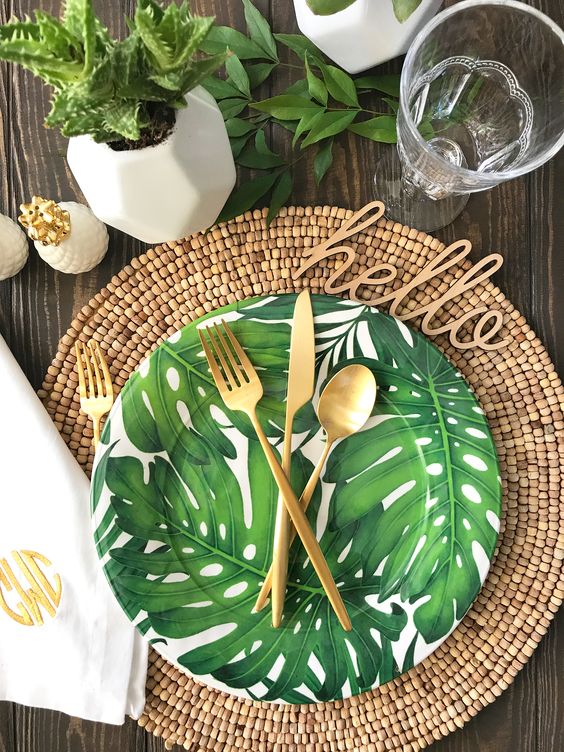 tropical leaf printed dishes for a summer party