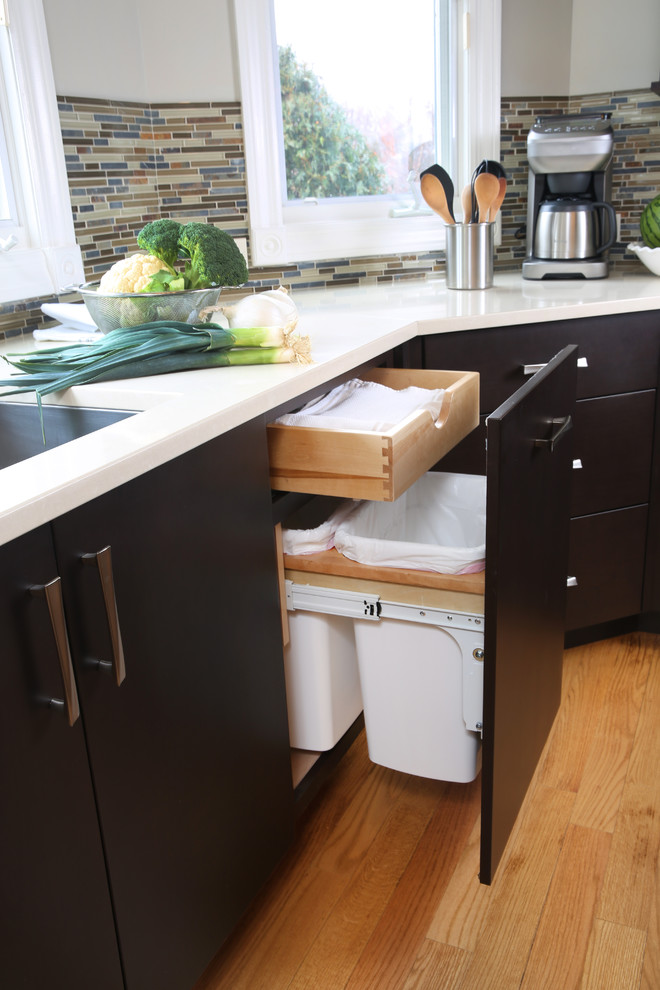a cool idea of trash can storage and an additional drawer for garbage base (Normandy Remodeling)