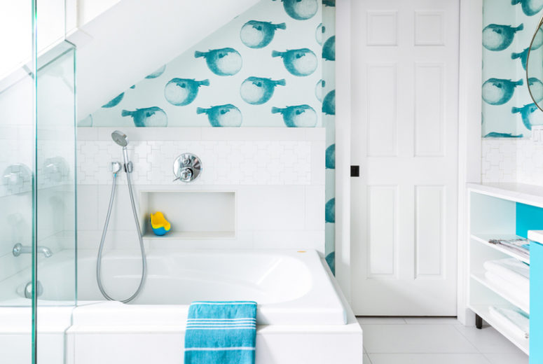 This whimsy fresh bathroom for kids is great for bathing time, it's fun and very inviting, and the cheerful colors make it cooler