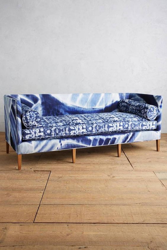 a large shibori upholstered sofa looks very interesting and will perfectly fit a modern boho home
