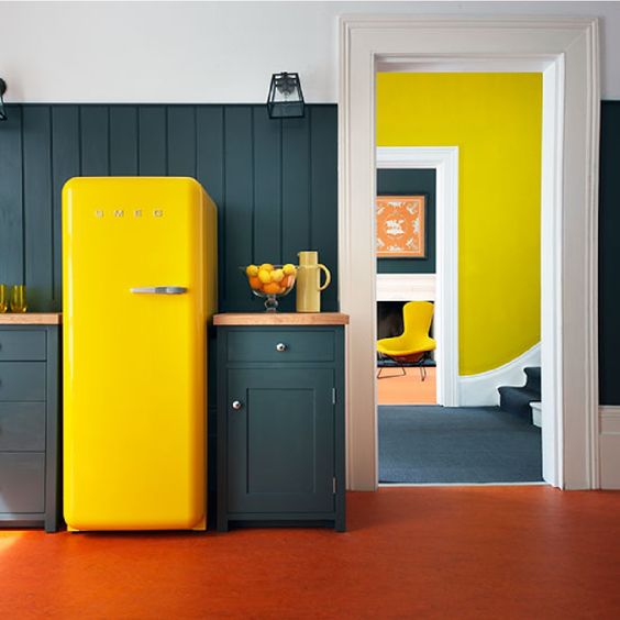 a graphite grey kitchen with a sunny yellow Smeg fridge for a bold statement