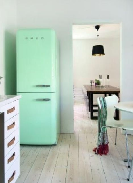 a mint green Smeg fridge for a peaceful kitchen without colorful accents