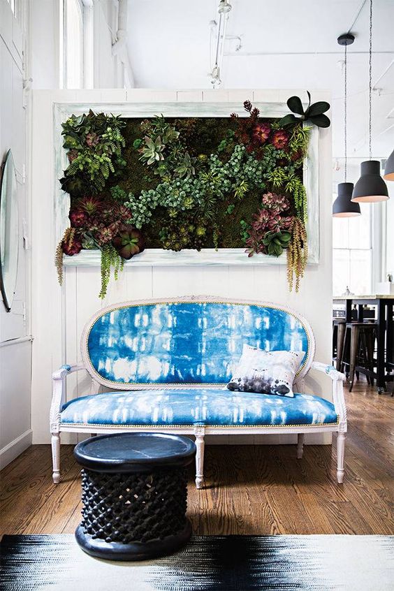 a vintage sofa with a refined feel and shibori upholstery