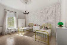 10 A shared kids’ bedroom has vintage beds painted yellow, a study space by the window and a wardrobe