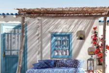 13 pallet furniture with blue printed upholstery and pillows is cool for the terrace