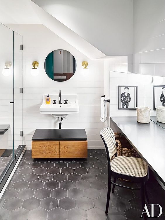 matte black hexagon tiles for a gorgeous monochrome bathroom