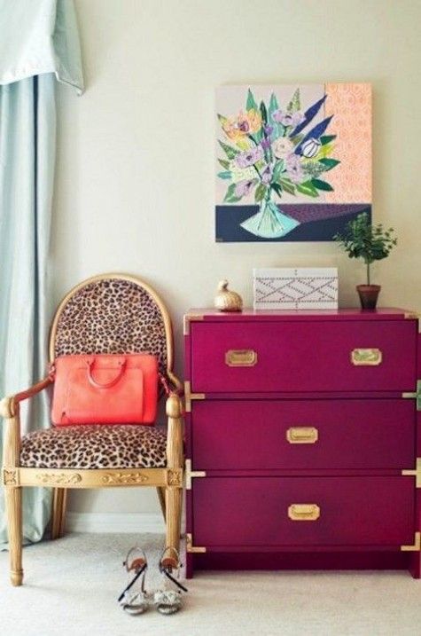 a cheetah print chair and a fuchsia Ikea Rast chest for a glam girlish space