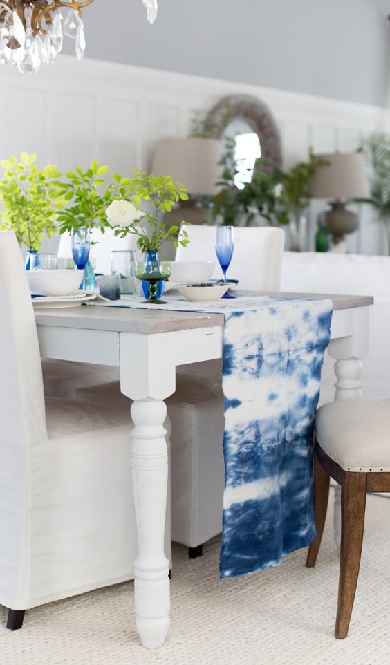 make a shibori table runner and add matching glasses to highlight it