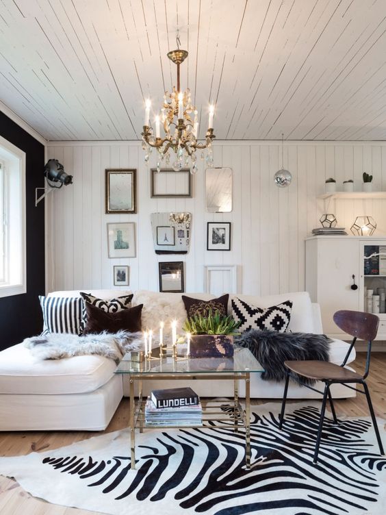 a zebra print rug for a chic glam living room