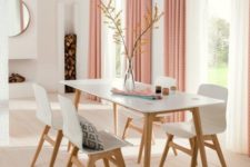 27 relaxing and soft dining room with textural pink curtains is made even cuter and softer