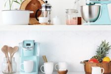 28 a tiffany blue coffee machine and mixer for a chic blue and brass kitchen