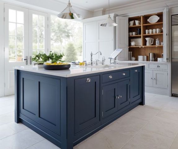 a white kitchen with a dark blue kitchen island and a white countertop