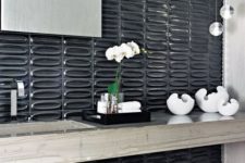29 textural glossy black tiles make the bathroom refined, chic and eye-catchy