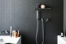 29 tiny matte black rectangular tiles for a masculine bathroom