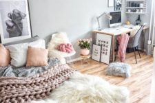 03 a girlish bedroom with a modern glam feel and a working space in the corner
