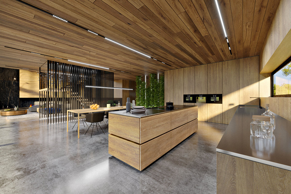 The kitchen is fully clad with light colored oak, the countertops are of stainless steel