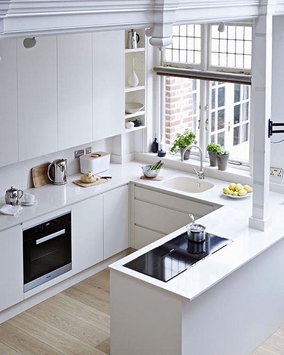 a modern matte white kitchen with small cooking tabletops