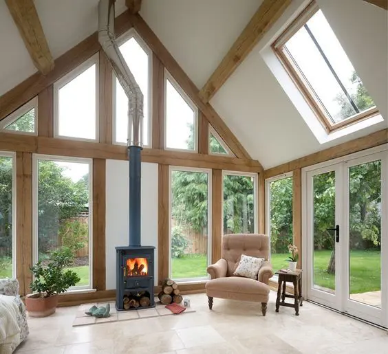 a modern vaulted ceiling with a skylight to bring even more light in