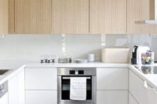 07 make your U shape kitchen more eye-catchy with light-colored hanging cabinets and white ones