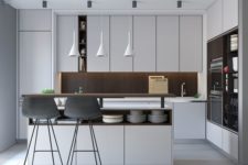 08 a modern white kitchen with a dark wood backsplash and a kitchen island with storage