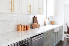 08 brass handles make the cabinets stand out and unify them, and stainless steel appliances look neutral