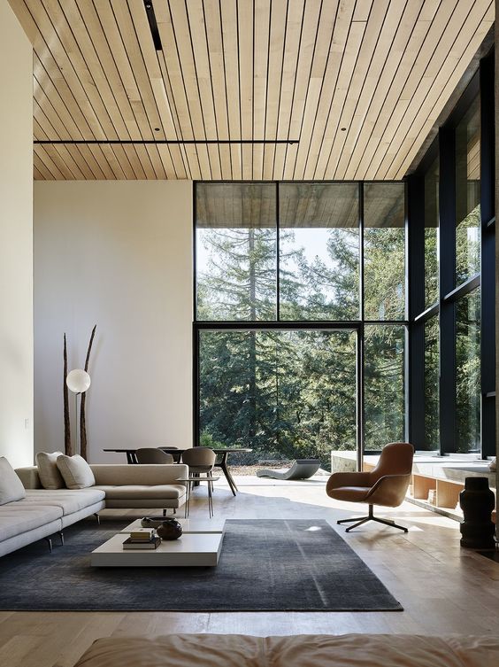 a chic modern space connected to outdoors, clean-lined furniture and glazed walls