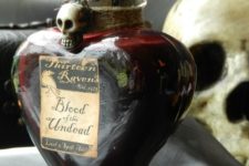 13 a beautiful blood bottle with twine and a skull can hold some faux blood or even tomato juice