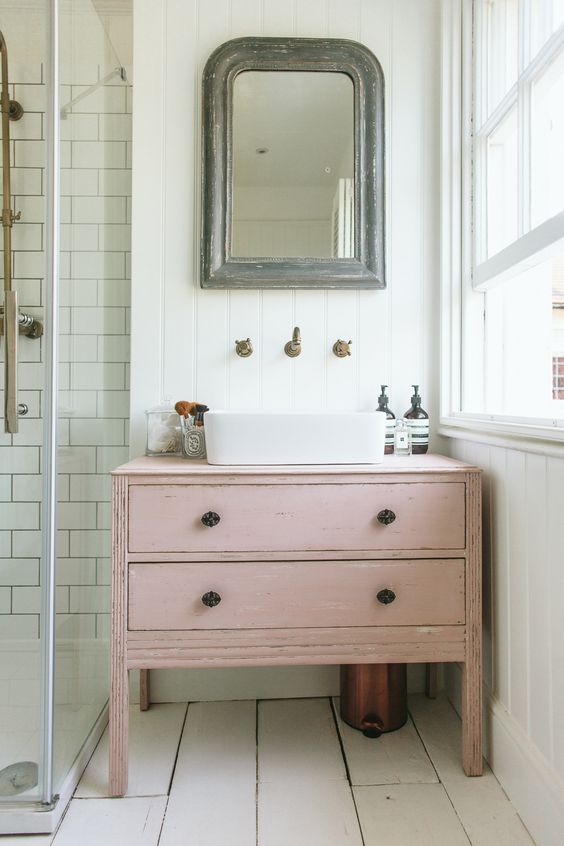 a shabby chic pink vanity can be DIYed of an old sideboard