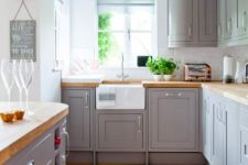13 vintage farmhouse grey kitchen is refreshed with white details and nickel handles