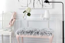 14 a pink ottoman with grey faux fur for a girlish bedroom