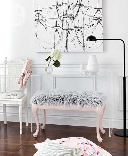 a pink ottoman with grey faux fur for a girlish bedroom