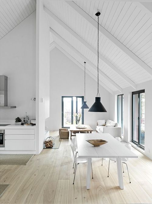 a Scandinavian space with a white vaulted ceiling covered with wood and lamps that highlight it