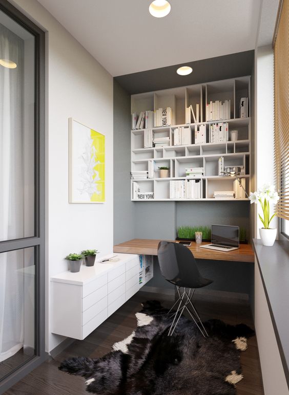 A modern bold workspace with enough storage and a built in desk