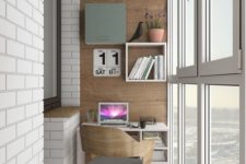 20 an industrial home office with a small desk, built-in shelves and a modern chair