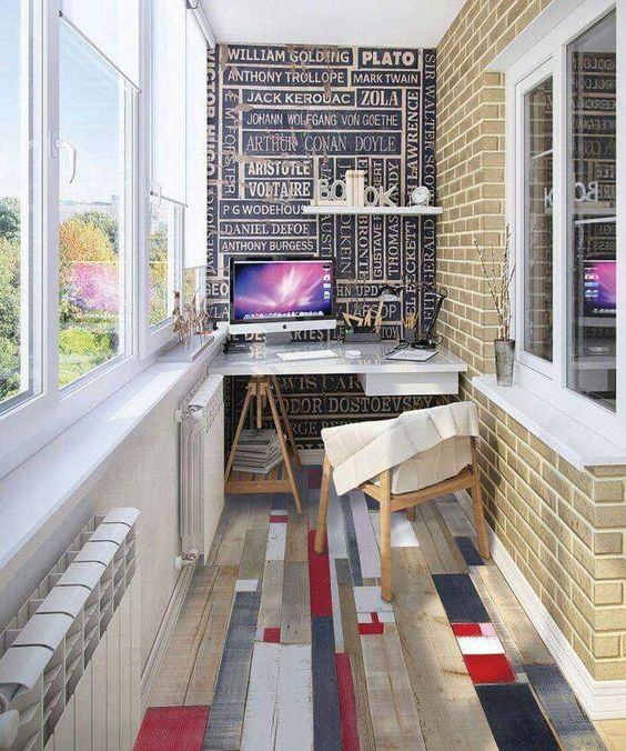 a bold anad creative home office with a unique floor and a statement wall
