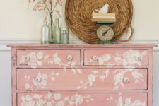 21 a refined vintage pink sideboard with white floral stencils for a sophisticated touch