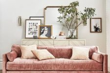 22 a large dusty pink sofa of velvet is a trendy idea and such a soft shade makes the space more inviting