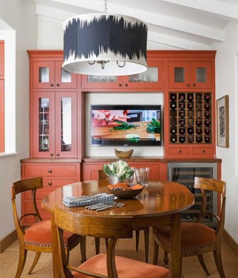 tiny burnt orange kitchen is a chic and bold idea you may try, add natural wood for a cooler look