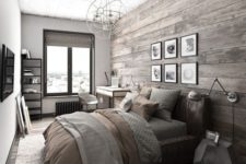 25 a bedroom with a wall and floor of reclaimed wood to feel cozier here