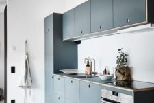 25 a modern blue kitchen with no handles and all the rest in white not to get a moody space