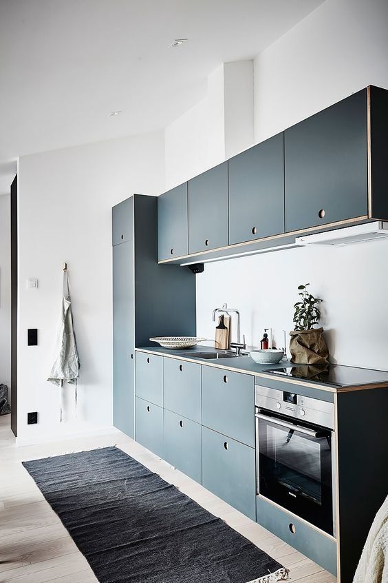 a modern blue kitchen with no handles and all the rest in white not to get a moody space