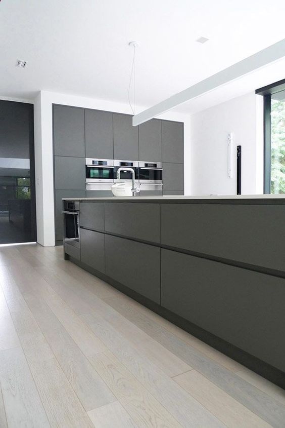 sleek minimalist grey kitchen with a large kitchen island and all the rest done in white for a fresh look