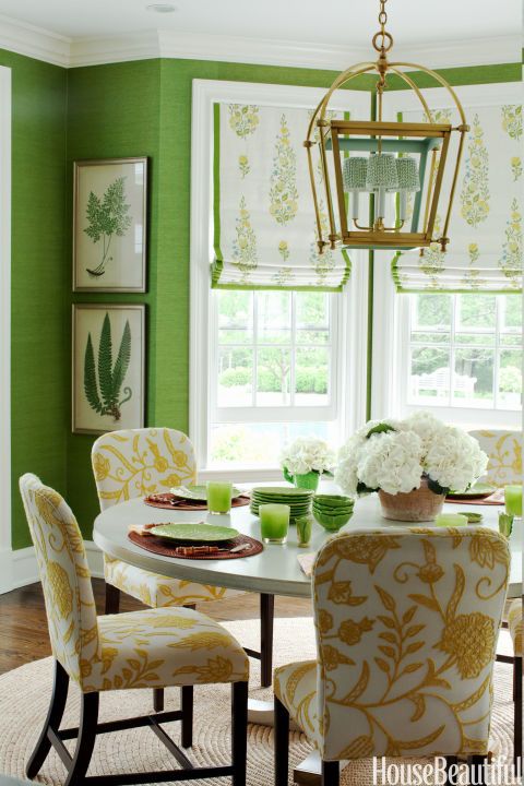 green is the main color in this organic space, white was added for a fresh look, and yellow and tan soften the space