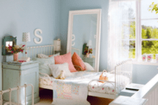 serenity blue is an ideal main color for a kids’ room, soft pinks are additional, and white color polishes it all