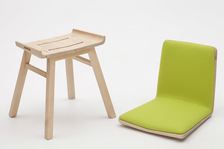 Dividi chair is a modern piece that features two seats, it's done in light colored wood and neon yellow upholstery for a bold modern look