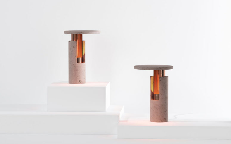 The Ambra collection features eye catchy lamps of cantera rosa and copper, which look stylish and timeless