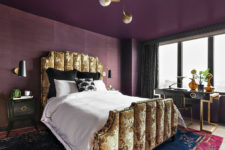 01 This stunning bedroom done in purple and gold is in a gorgeous art deco apartment and it’s sure to take your breath away